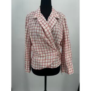 Jones New York Signature 100% Linen Wrap Blouse Plaid Red White Size L